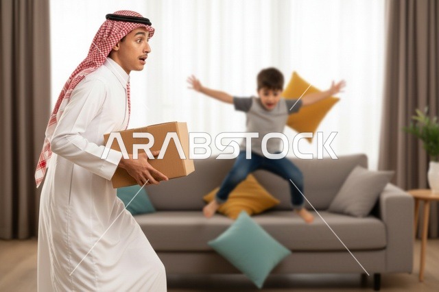 أب سعودي يحمل صندوقاً وطفل يقفز على الأريكة