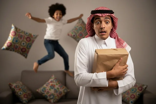Saudi Man Shocked Holding Cardboard Package at Home Indoor