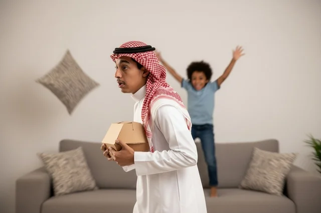 Saudi Man Holding Food Box with Child Jumping on Sofa