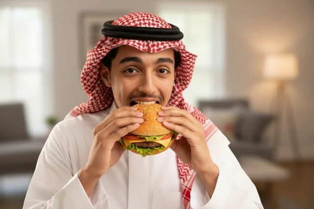 رجل سعودي بالزي التقليدي يأكل وجبة برجر