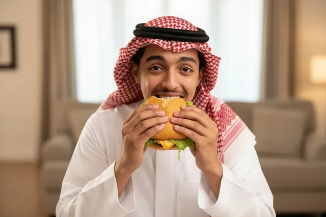Saudi Man in Traditional Thobe Eating Beef Burger