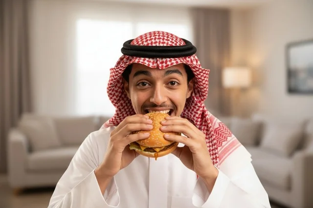 رجل سعودي بالثوب التقليدي يتناول برجر الجبن