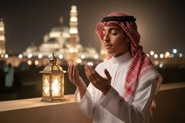 رجل سعودي يدعو بجانب المسجد مع فانوس في الليل