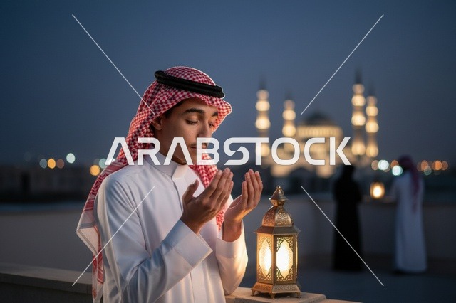 شاب سعودي يدعو مع فانوس وخلفية مسجد ليلاً