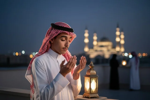 شاب سعودي يدعو مع فانوس وخلفية مسجد ليلاً