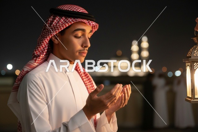 رجل سعودي يدعو ربه ليلاً بجوار المسجد