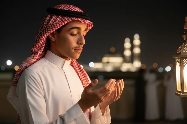 رجل سعودي يدعو ربه ليلاً بجوار المسجد