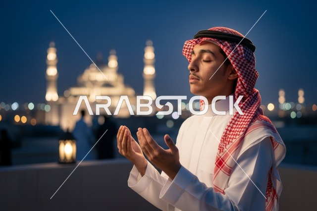 Saudi Man Praying Outside Mosque at Night