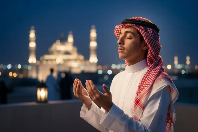 شاب سعودي يدعو أمام المسجد في الليل