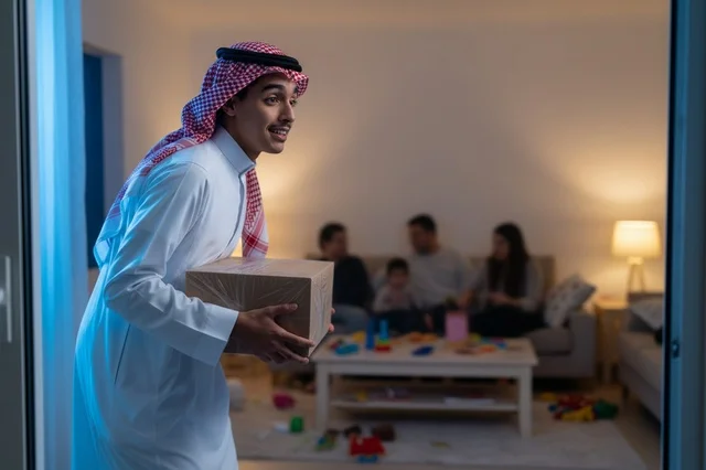 Saudi Man Carrying Cardboard Delivery Box in Living Room