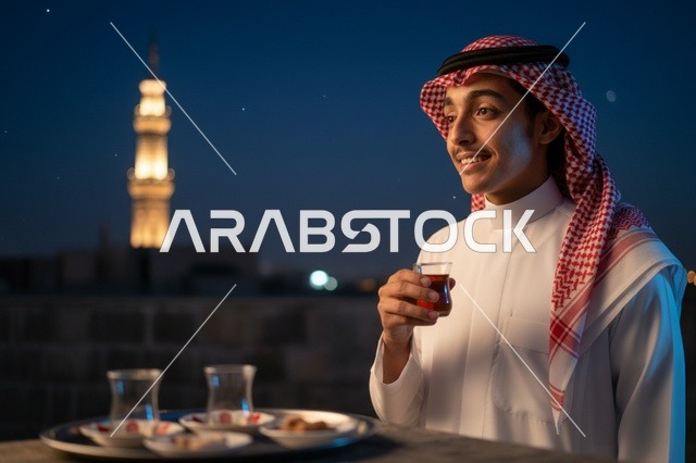 رجل سعودي يشرب الشاي على السطح مع خلفية مئذنة مسجد