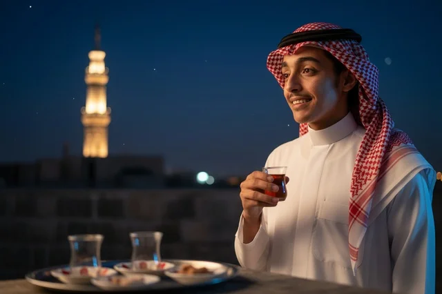 رجل سعودي يشرب الشاي على السطح مع خلفية مئذنة مسجد