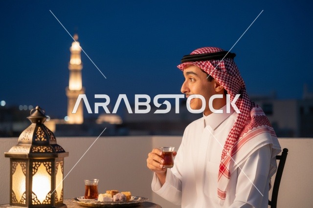 رجل سعودي مع فانوس رمضان على السطح ليلاً
