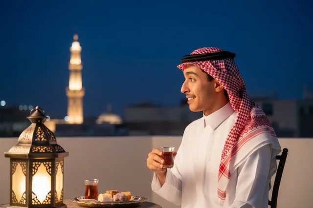 Saudi Man with Ramadan Lantern on Rooftop at Night