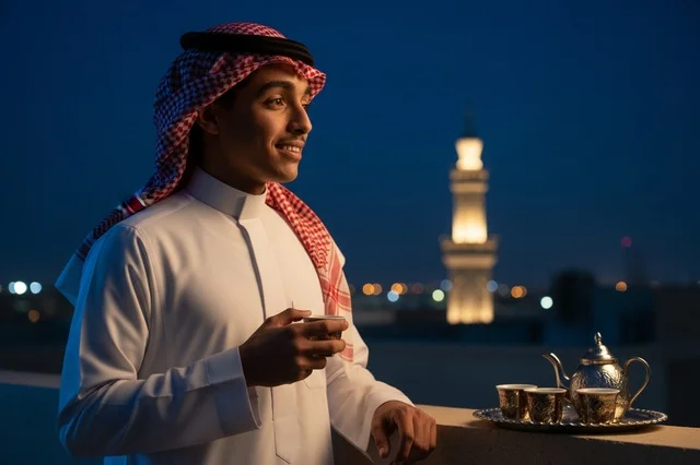 رجل سعودي بالزي التقليدي يشرب القهوة في الليل