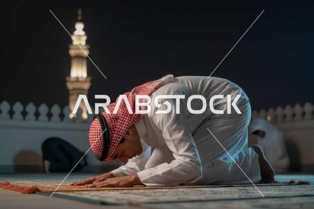 رجل سعودي يصلي السجود ليلاً مع مئذنة مسجد