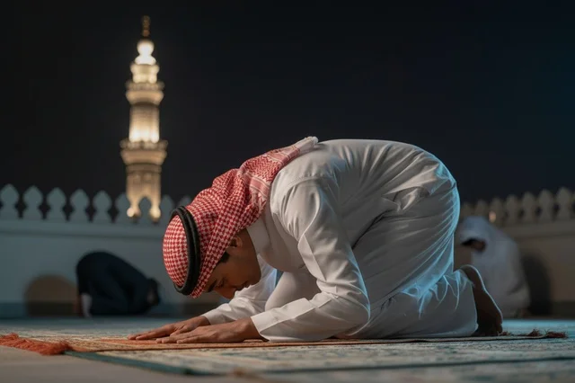 Saudi Man Praying Sujud at Night with Mosque Minaret
