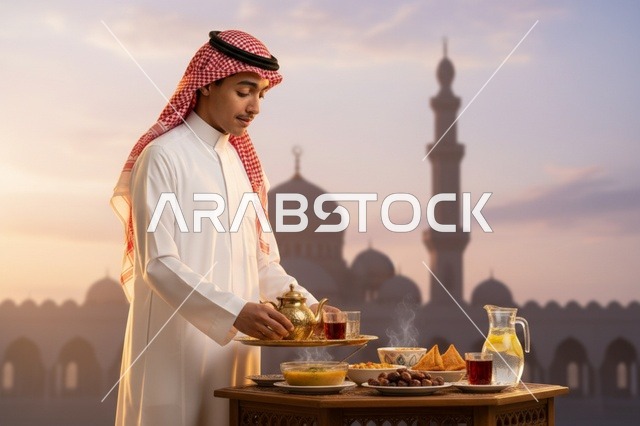 رجل سعودي يجهز مائدة إفطار رمضان وقت الغروب