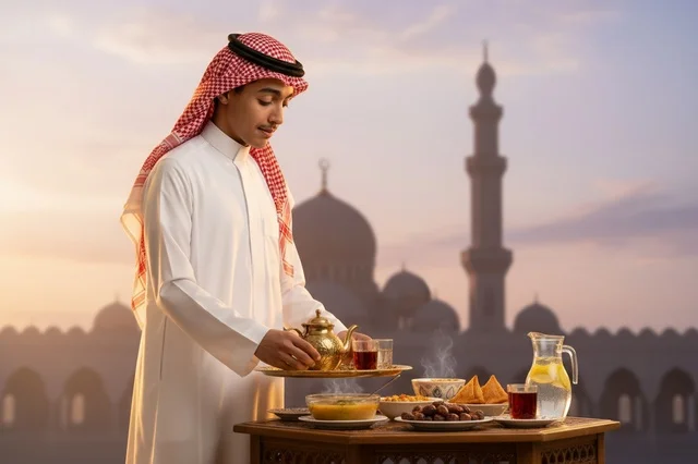 رجل سعودي يجهز مائدة إفطار رمضان وقت الغروب