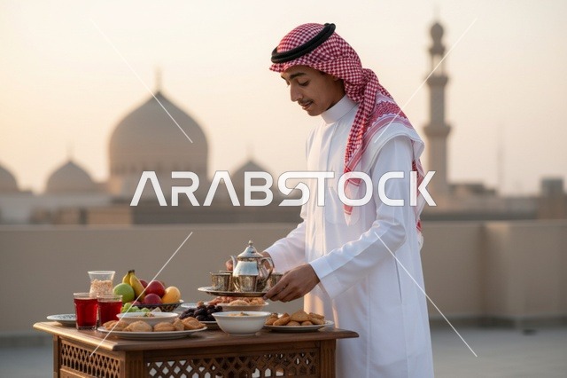 Saudi Man Preparing Ramadan Iftar Table at Sunset