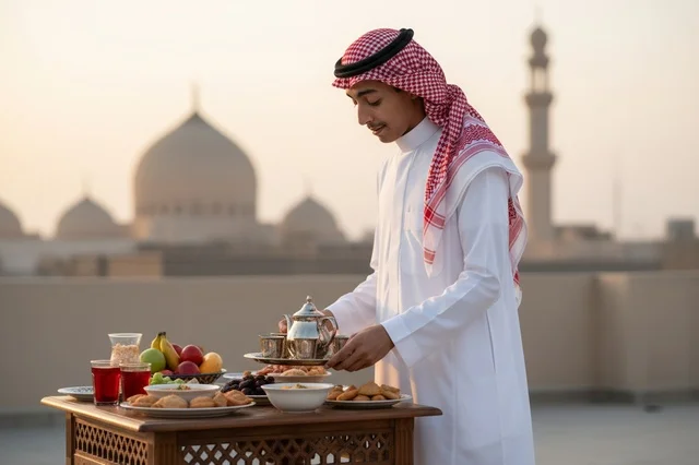 شاب سعودي يجهز مائدة إفطار رمضان وقت الغروب