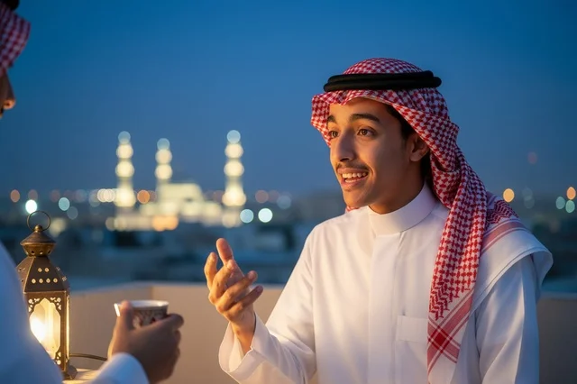 Saudi Man in Traditional Thobe on Rooftop at Dusk