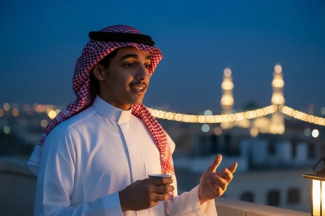 Saudi Man in Traditional Thobe on Rooftop at Night Saudi Man in Traditional Thobe on Rooftop at Night