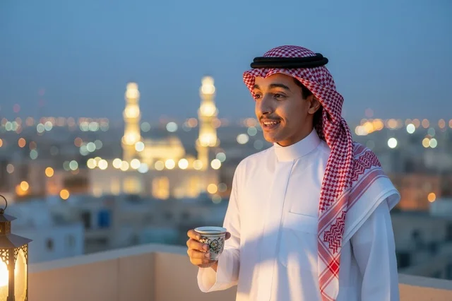 رجل سعودي بالزي التقليدي يشرب القهوة العربية ليلاً