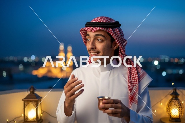 رجل سعودي مع قهوة عربية على شرفة ليلية