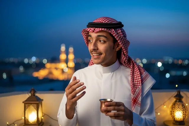 رجل سعودي مع قهوة عربية على شرفة ليلية