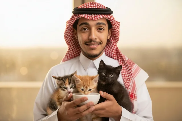 رجل سعودي بالزي التقليدي يطعم قطط صغيرة