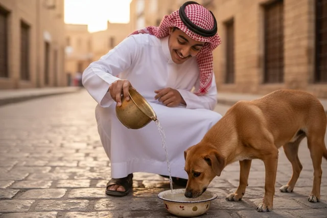 رجل سعودي بالزي التقليدي يسقي كلب في الشارع