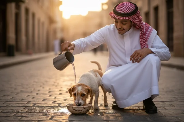 Saudi Man in Traditional Dress Pouring Water for Dog