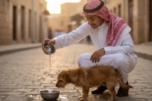 رجل سعودي يسقي كلباً في شارع مدينة قديمة