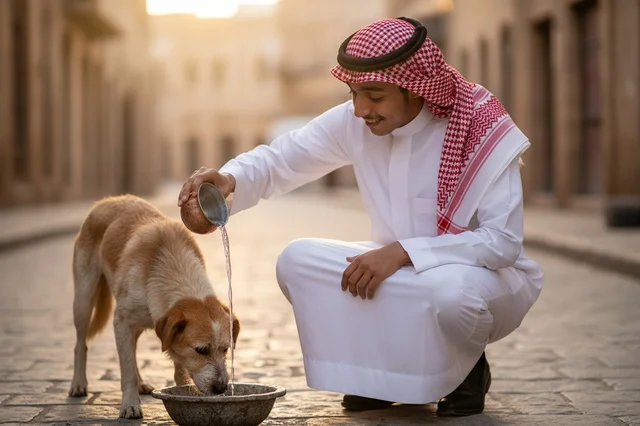 رجل سعودي يسقي كلباً في شارع تراثي قديم