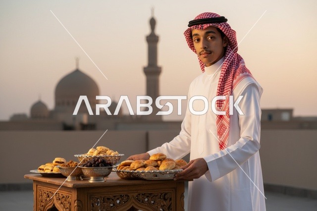 شاب سعودي بالزي التقليدي مع معجنات أمام المسجد