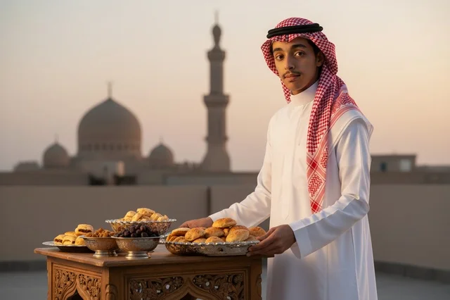 شاب سعودي بالزي التقليدي مع معجنات أمام المسجد