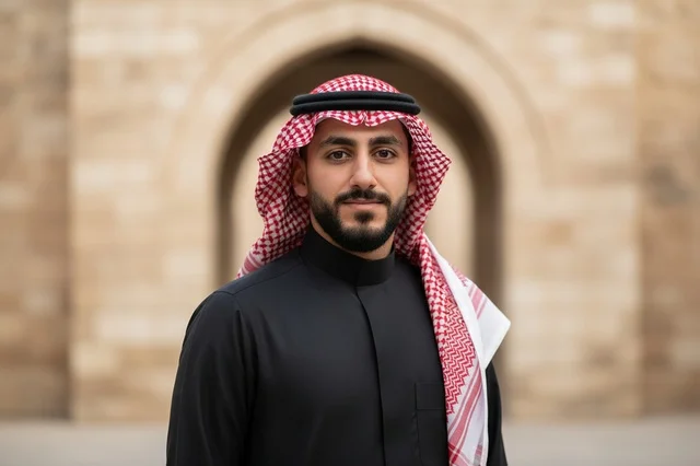 رجل سعودي بالثوب الأسود والشماغ التقليدي