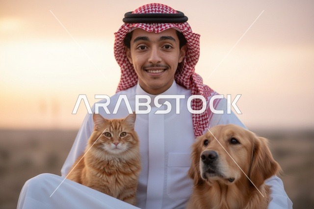 شاب سعودي مع قطة وكلب في الصحراء وقت الغروب