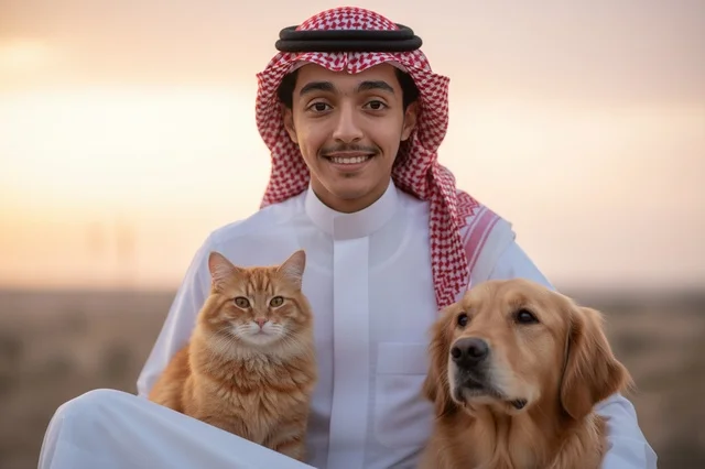 شاب سعودي مع قطة وكلب في الصحراء وقت الغروب