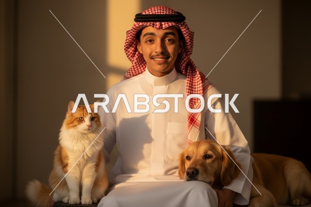 رجل سعودي مع قطة وكلب في وقت الغروب