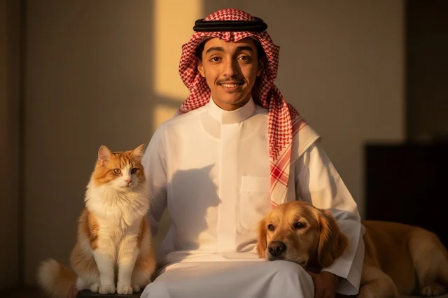 رجل سعودي مع قطة وكلب في وقت الغروب