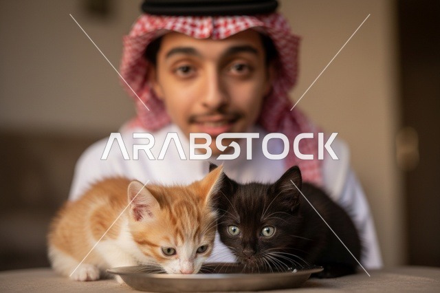 رجل سعودي يشاهد قطط صغيرة تأكل من طبق