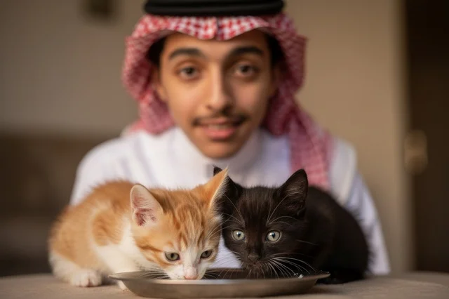 رجل سعودي يشاهد قطط صغيرة تأكل من طبق