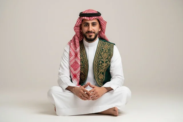 Saudi Man in Traditional Thobe and Vest Sitting
