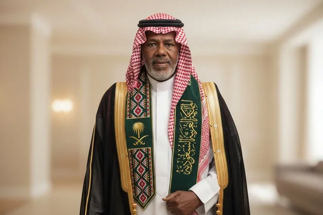Saudi Senior Man in Traditional Bisht and National Sash