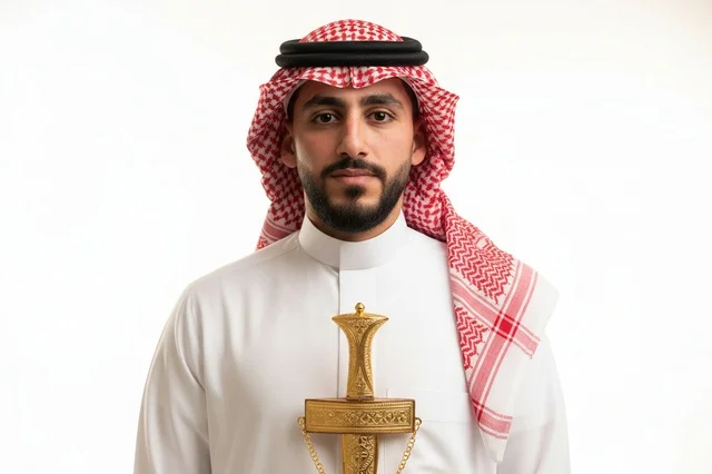 Saudi Man Portrait in Traditional Dress with Golden Sword