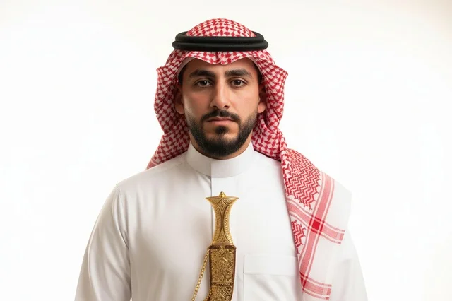 رجل سعودي بالزي التقليدي مع خنجر مذهب