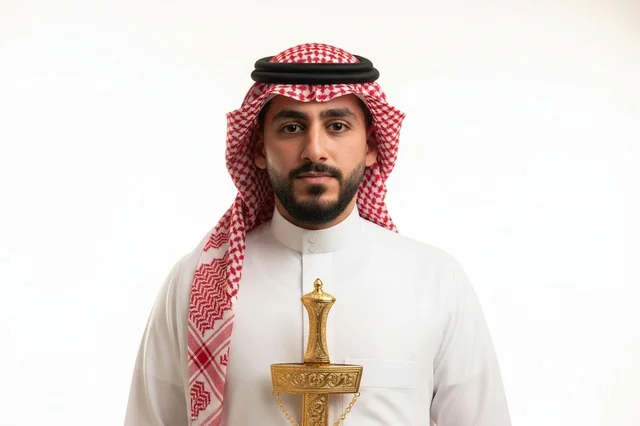 Saudi Man in Traditional Dress with Golden Sword