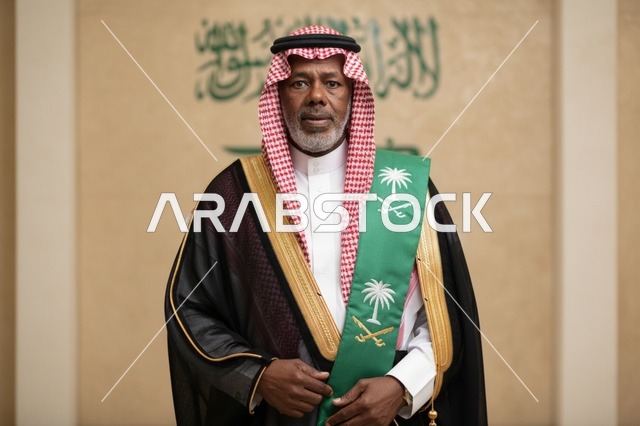 رجل سعودي بالبشت التقليدي والوشاح الوطني